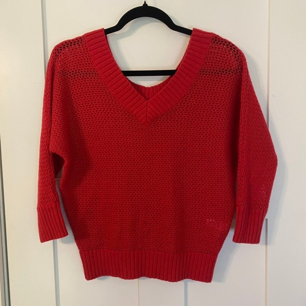 Express Pink Merino Wool Blend Open Knit V-Neck 3/4 Sleeve Sweater S Coquette